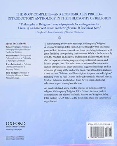 Back cover of the Philosophy of Religion book with descriptions and author information.